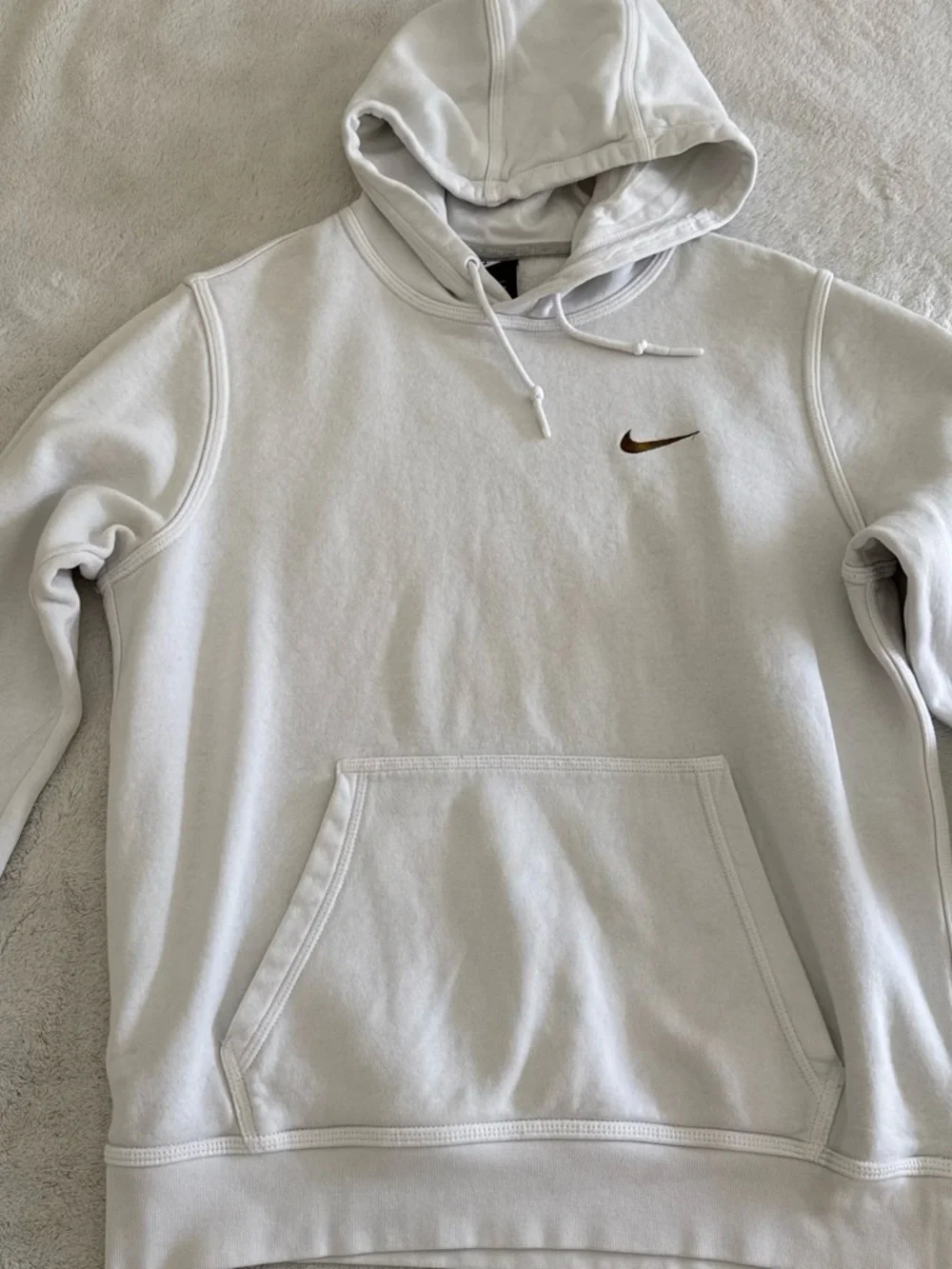 Nike White Crewneck Hoodie with Small Brown Swoosh